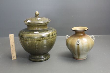 2 x Thai Celadon Glazed Jars, 1 with Lid - 1 With Caterpillars