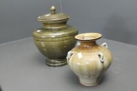 2 x Thai Celadon Glazed Jars, 1 with Lid - 1 With Caterpillars - 2