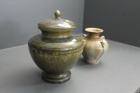 2 x Thai Celadon Glazed Jars, 1 with Lid - 1 With Caterpillars - 3