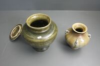 2 x Thai Celadon Glazed Jars, 1 with Lid - 1 With Caterpillars - 4