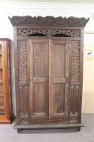 Large Vintage Carved Teak 2 Door Cupboard with Shelves and Single Drawer at Bottom