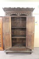 Large Vintage Carved Teak 2 Door Cupboard with Shelves and Single Drawer at Bottom - 2