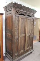 Large Vintage Carved Teak 2 Door Cupboard with Shelves and Single Drawer at Bottom - 3