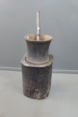 Huge Antique Cast Iron Gold Mining Pestle and Mortar on Timber Block