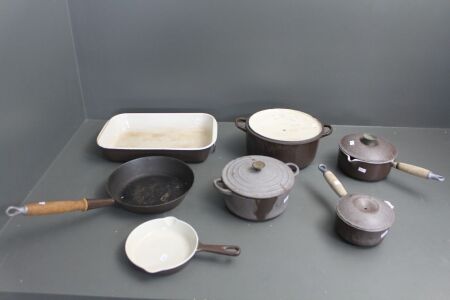 7 Pieces of Well Used French Le Crueset Cast Iron Cookware inc. Caseroles, Frypans etc. Some As Is