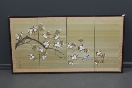 Vintage Hand Painted Japanese Silk 4 Part Table Top Timber Screen in Original Box