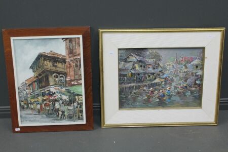 2 x Signed Original Oil Paintings of Asian Scenes - 1 Board, 1 Canvas