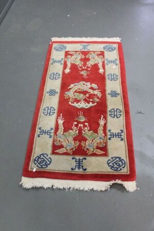 Heavy Chinese Woven Wool Rug / Runner in Red and Cream with Dragon & Ball Design