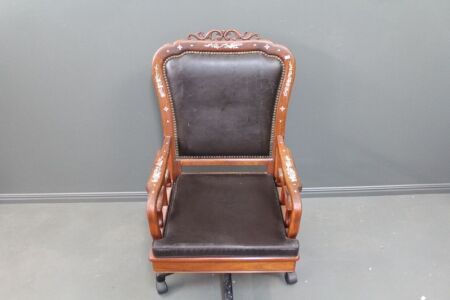 Mother of Pearl Inlaid Rosewood Desk / Captains Chair with Leather Seat and Back