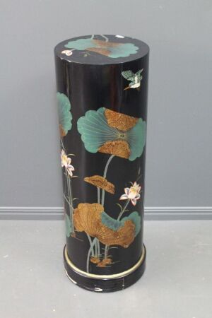 Black Lacquer Oriental Style Timber Plinth / Pillar with Bird and Water Lily Hand Painted Motifs