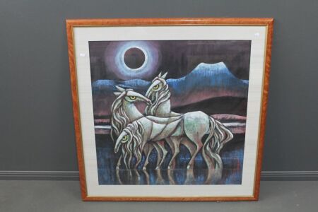 Large Framed and Signed Original Chinese Artwork - White Horses
