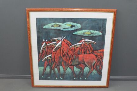 Large Framed and Signed Original Chinese Artwork - Red Horses