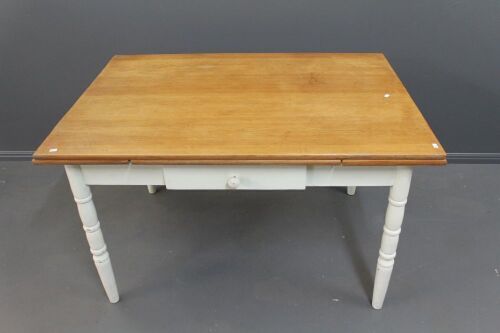 Pine Farmhouse Style Table with Painted Legs, Pull Out Extending Ends and Single Drawer