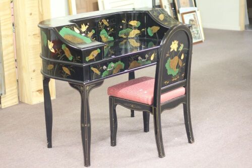 Black Lacquer Harpsichord Style Oriental Desk Set Hand Painted With Mandarin Duck and Water Lily Motifs inc Chair with Silk Cushion