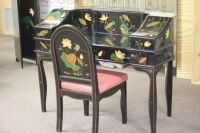 Black Lacquer Harpsichord Style Oriental Desk Set Hand Painted With Mandarin Duck and Water Lily Motifs inc Chair with Silk Cushion - 2