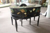 Black Lacquer Harpsichord Style Oriental Desk Set Hand Painted With Mandarin Duck and Water Lily Motifs inc Chair with Silk Cushion - 3