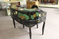 Black Lacquer Harpsichord Style Oriental Desk Set Hand Painted With Mandarin Duck and Water Lily Motifs inc Chair with Silk Cushion - 4