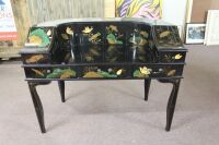 Black Lacquer Harpsichord Style Oriental Desk Set Hand Painted With Mandarin Duck and Water Lily Motifs inc Chair with Silk Cushion - 6