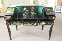 Black Lacquer Harpsichord Style Oriental Desk Set Hand Painted With Mandarin Duck and Water Lily Motifs inc Chair with Silk Cushion - 7