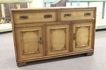 Vintage Hollywood Sideboard by Drexel Captiva With Faux Bamboo Wood, Rattan & Greek Key