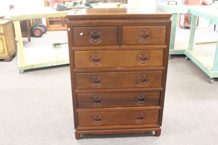 Quality Carved Rosewood Tallboy with 2 Small Drawers Over 4 Long - Solid Timber Throughout, Even Back Panels are Polished