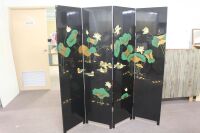 Black Lacquer 4 Part Oriental 2 Sided Screen with Mandaring Ducks and Water Lillies - Reverse Has Gold Chinese Symbols