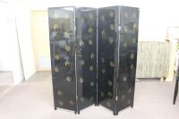 Black Lacquer 4 Part Oriental 2 Sided Screen with Mandaring Ducks and Water Lillies - Reverse Has Gold Chinese Symbols - 2