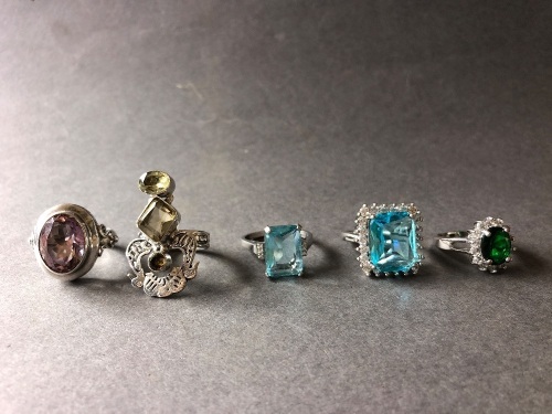 5 x Gem and Glass Set Silver Rings Marked 925