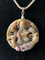 Carved Asian Agate Pendant Depicting Buddha and Dragons on Sterling Silver Chain - 2