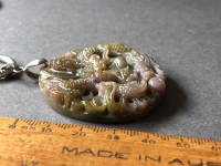 Carved Asian Agate Pendant Depicting Buddha and Dragons on Sterling Silver Chain - 5