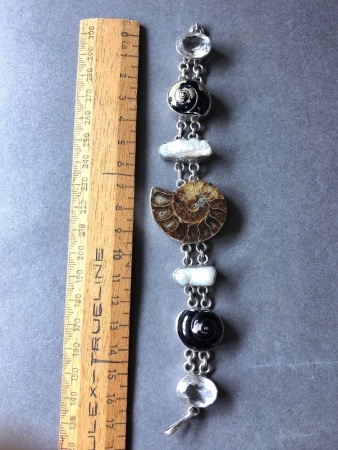 Heavy Sterling Silver, Shell, Ammonite Fossil and Pearl Set Bracelet