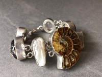 Heavy Sterling Silver, Shell, Ammonite Fossil and Pearl Set Bracelet - 5