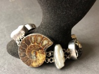 Heavy Sterling Silver, Shell, Ammonite Fossil and Pearl Set Bracelet - 6