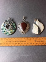 3 x Large Sterling Silver Pendants - 2 Shell 1 Filligree