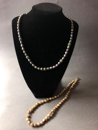 2 x Freshwater Pearl Necklaces - 1 with Cloisonne Beads - Clasp on Other Needs Attention