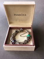 Pandora Sterling Silver Bracelet with 19 Charms inc. 3 Murano Glass