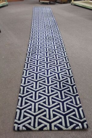 Heavy Contemporary Wool Runner with Blue and White Geometric Design