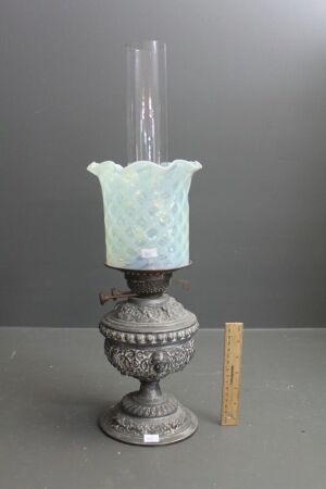 Antique Kero Lamp with Original Lattice Design Vaseline Glass Shade. Base is Cast White Metal