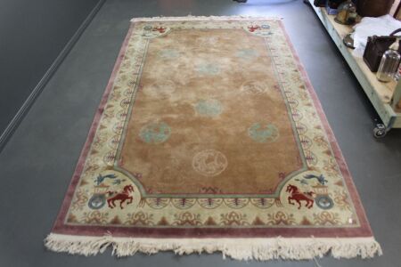 Large Heavy Woven Chinese Wool Rug with Horses & Chariots and Chinese Symbols