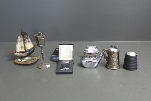 Asstd Lot of 5 Desk / Table Lighters inc. Wedgwood + Boxed Ronson Pocket Lighter + Bone Boat Ashtray