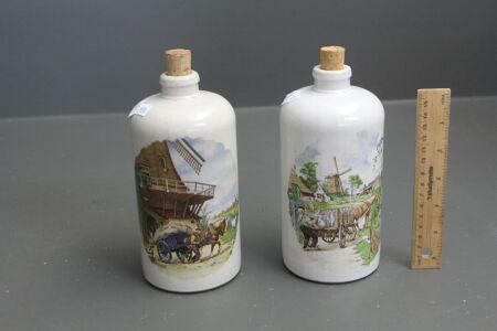 Pair of Dutch Painted Stoneware Gin Bottles
