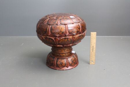 Burmese Carved Timber 3 Piece Hand Painted Orchid Offering Bowl