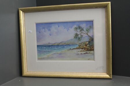 Original Framed Vintage Beachfront Painting on Ceramic Tile - Signed Y.Ellis