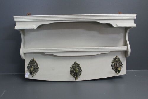 Shabby Painted Wall Shelf with Coat Hooks