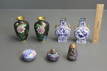 Asstd Lot of Vintage and Contemporary Small Cloisonne Pieces inc. 2 Pairs Vases + Salt and Pepper