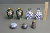 Asstd Lot of Vintage and Contemporary Small Cloisonne Pieces inc. 2 Pairs Vases + Salt and Pepper