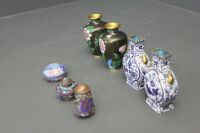 Asstd Lot of Vintage and Contemporary Small Cloisonne Pieces inc. 2 Pairs Vases + Salt and Pepper - 2