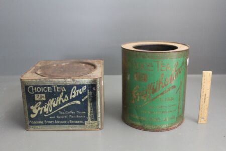 2 Large Vintage Griffiths Bros Tea Tins - 7lb Square - 6lb Round