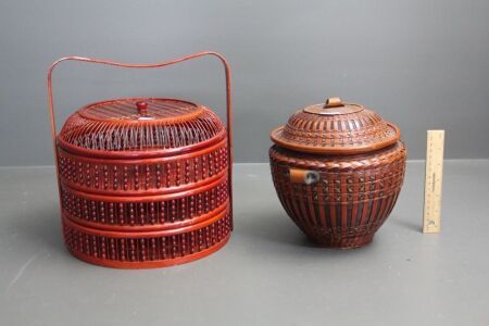 Chinese Bamboo Covered Ceramic Food Pot + 3 Tier Food Basket