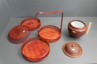 Chinese Bamboo Covered Ceramic Food Pot + 3 Tier Food Basket - 2